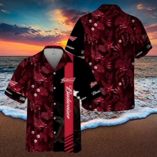 Budweiser Beer Hawaiian Shirt Red Tropical Foliage On Dark Theme