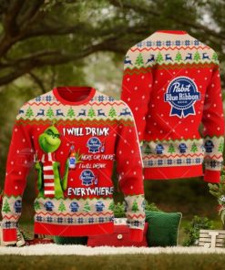 Pabst Blue Ribbon Beer Grinch I Will Drink Here I Will Drink Everywhere Ugly Christmas Sweater Cute Christmas Gift