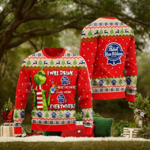 Pabst Blue Ribbon Beer Grinch I Will Drink Here I Will Drink Everywhere Ugly Christmas Sweater Cute Christmas Gift