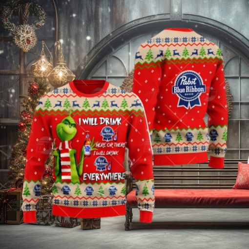 Pabst Blue Ribbon Beer Grinch I Will Drink Here I Will Drink Everywhere Ugly Christmas Sweater Cute Christmas Gift
