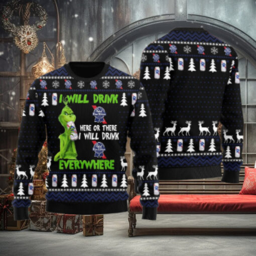 Pabst Blue Ribbon Grinch Will Drink Everywhere Ugly Sweater