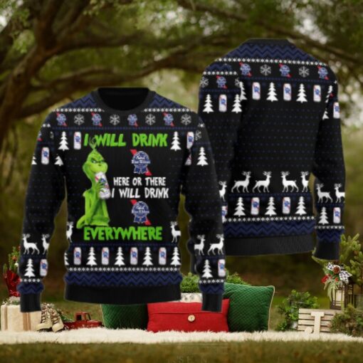 Pabst Blue Ribbon Grinch Will Drink Everywhere Ugly Sweater