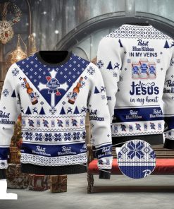 Pabst Blue Ribbon In My Veins Jesus In My Heart Customs Christmas Ugly Wool Knitted Sweater