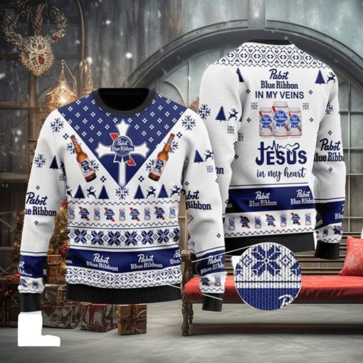 Pabst Blue Ribbon In My Veins Jesus In My Heart Customs Christmas Ugly Wool Knitted Sweater