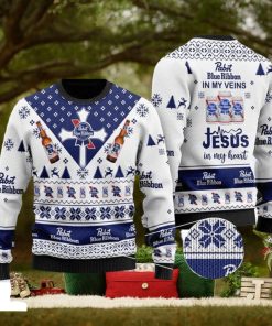 Pabst Blue Ribbon In My Veins Jesus In My Heart Customs Christmas Ugly Wool Knitted Sweater