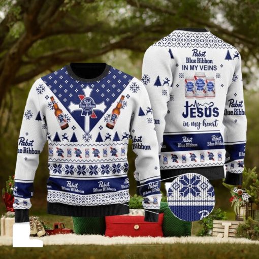 Pabst Blue Ribbon In My Veins Jesus In My Heart Customs Christmas Ugly Wool Knitted Sweater