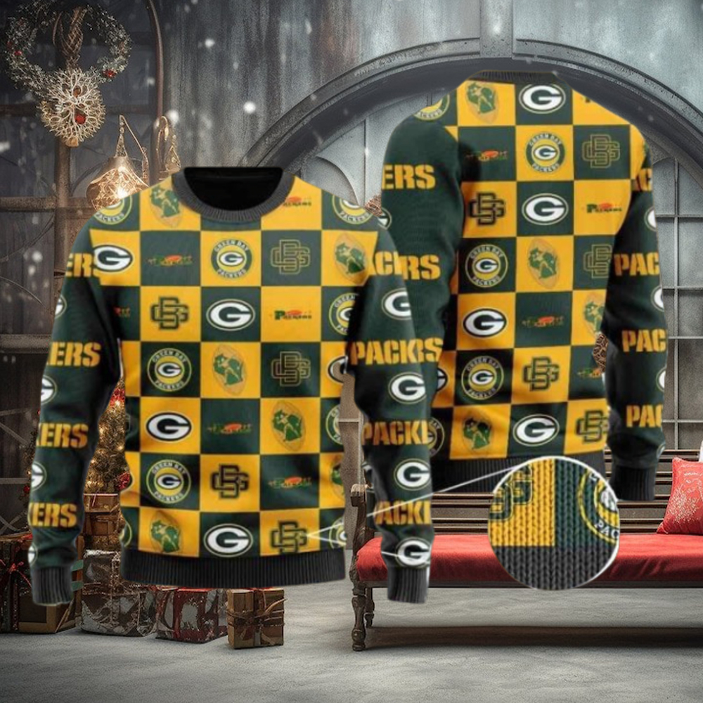 Packers Logo Checkered Flannel Design Knitted Ugly Christmas Sweater Packers Logo Checkered Flannel Design Knitted Ugly Christmas Sweater