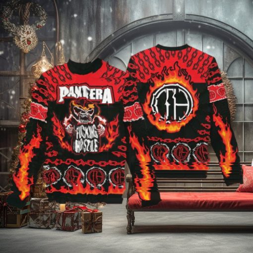 Pantera Fucking Hostile Skeleton With Flame Pattern Knitted Holiday Ugly Christmas Sweater