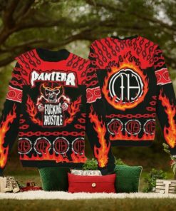 Pantera Fucking Hostile Skeleton With Flame Pattern Knitted Holiday Ugly Christmas Sweater