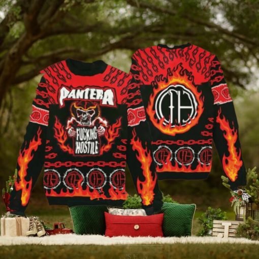 Pantera Fucking Hostile Skeleton With Flame Pattern Knitted Holiday Ugly Christmas Sweater