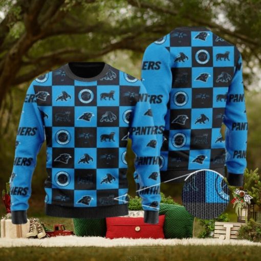 Panthers Logo Checkered Flannel Design Knitted Ugly Christmas Sweater