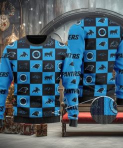 Panthers Logo Checkered Flannel Design Knitted Ugly Christmas Sweater