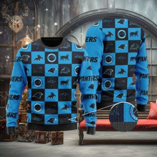 Panthers Logo Checkered Flannel Design Knitted Ugly Christmas Sweater
