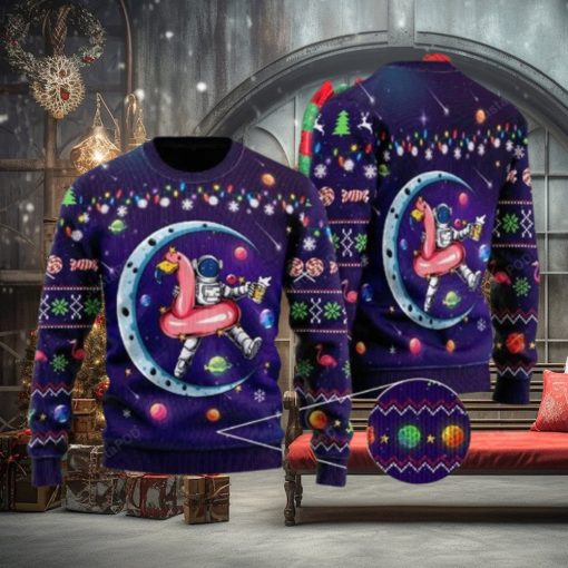 Party Astronauts Sit On Flamingo Floats At A Space Ugly Christmas Sweater Party