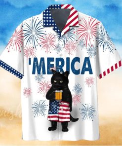 Patriotic Black Cat Sipping Beer on Independence Day Shirt