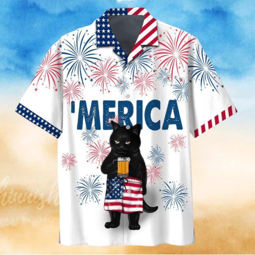 Patriotic Black Cat Sipping Beer on Independence Day Shirt