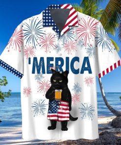 Patriotic Black Cat Sipping Beer on Independence Day Shirt