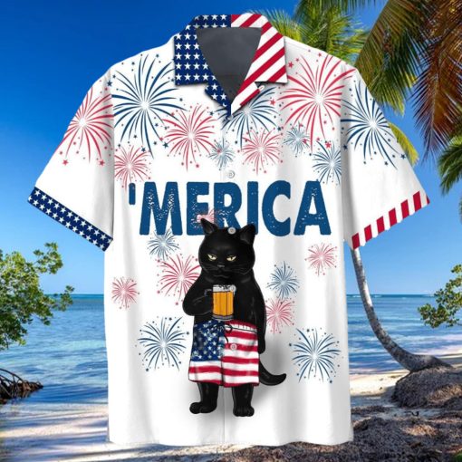 Patriotic Black Cat Sipping Beer on Independence Day Shirt