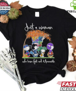 Peanuts Characters Abbey Road Just A Woman Who Loves Fall And Minnesota Sports Teams shirt
