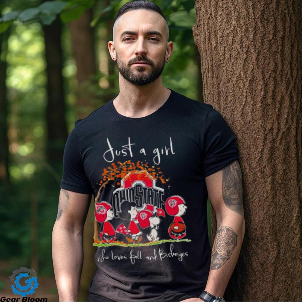 Peanuts Characters Just A Girl Who Loves Fall And Ohio State Buckeyes Shirt Peanuts Characters Just A Girl Who Loves Fall And Ohio State Buckeyes Shirt