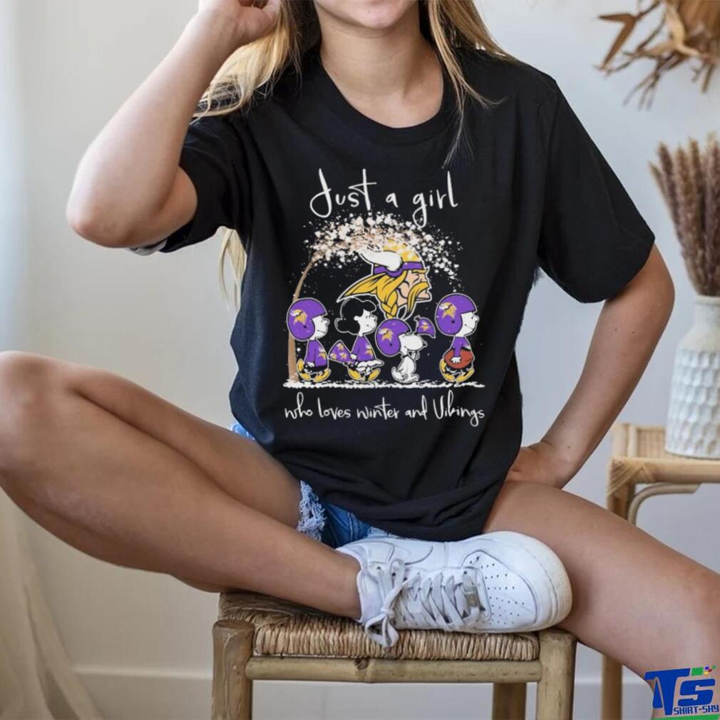 Peanuts Characters Just A Girl Who Loves Winter And Minnesota Vikings Christmas Shirt Peanuts Characters Just A Girl Who Loves Winter And Minnesota Vikings Christmas Shirt