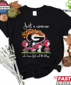 Peanuts Characters Just A Woman Who Loves Fall And Georgia Bulldogs Shirt