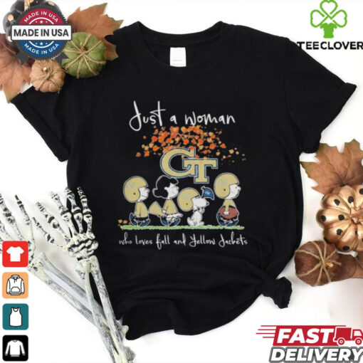 Peanuts Characters Just A Woman Who Loves Fall And Georgia Tech Yellow Jackets Shirt