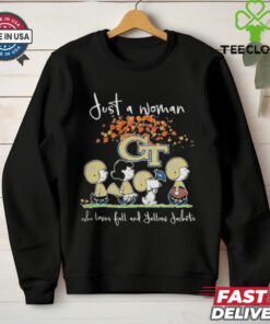 Peanuts Characters Just A Woman Who Loves Fall And Georgia Tech Yellow Jackets Shirt