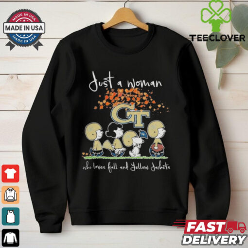 Peanuts Characters Just A Woman Who Loves Fall And Georgia Tech Yellow Jackets Shirt