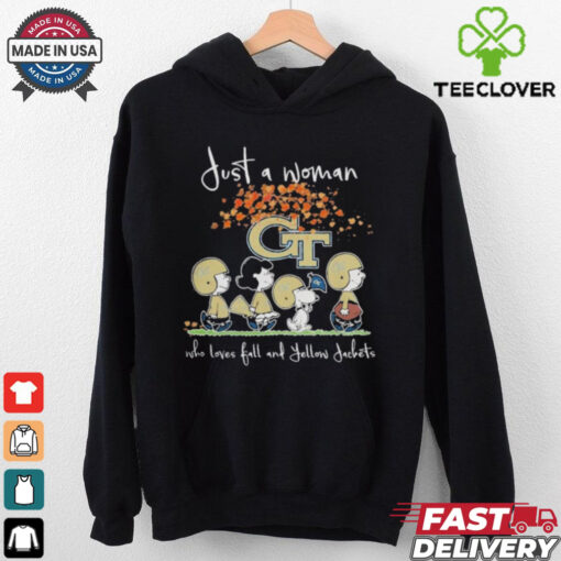 Peanuts Characters Just A Woman Who Loves Fall And Georgia Tech Yellow Jackets Shirt