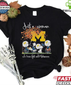 Peanuts Characters Just A Woman Who Loves Fall And Michigan Wolverines Shirt