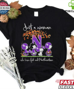 Peanuts Characters Just A Woman Who Loves Fall And Northwestern Wildcats Shirt