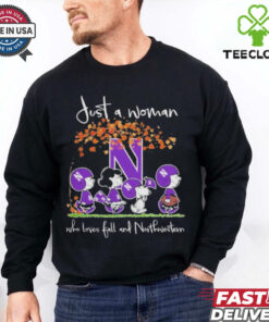 Peanuts Characters Just A Woman Who Loves Fall And Northwestern Wildcats Shirt