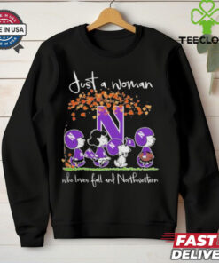 Peanuts Characters Just A Woman Who Loves Fall And Northwestern Wildcats Shirt