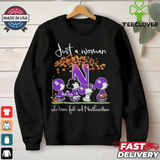 Peanuts Characters Just A Woman Who Loves Fall And Northwestern Wildcats Shirt