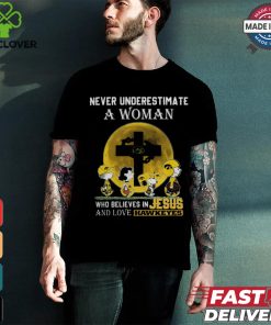 Peanuts Characters Never Underestimate A Woman Who Believes In Jesus And Loves Iowa Hawkeyes Shirt