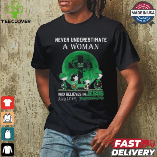 Peanuts Characters Never Underestimate A Woman Who Believes In Jesus And Loves Marshall Thundering Herd Shirt