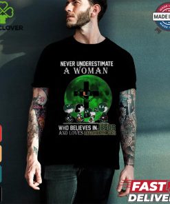 Peanuts Characters Never Underestimate A Woman Who Believes In Jesus And Loves Miami Hurricanes Shirt