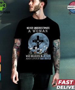 Peanuts Characters Never Underestimate A Woman Who Believes In Jesus And Loves North Carolina Tar Heels Shirt