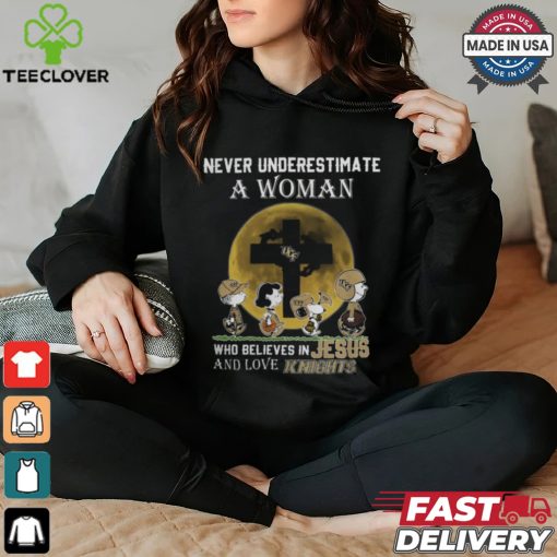 Peanuts Characters Never Underestimate A Woman Who Believes In Jesus And Loves UCF Knights Shirt