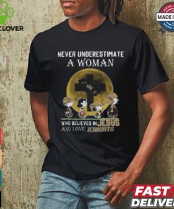 Peanuts Characters Never Underestimate A Woman Who Believes In Jesus And Loves UCF Knights Shirt