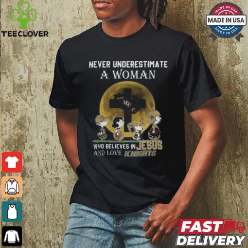 Peanuts Characters Never Underestimate A Woman Who Believes In Jesus And Loves UCF Knights Shirt