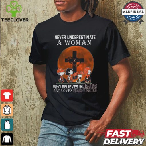 Peanuts Characters Never Underestimate A Woman Who Believes In Jesus And Loves Virginia Cavaliers Shirt