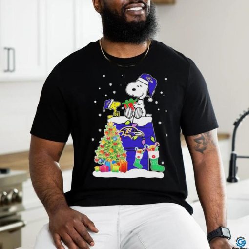Peanuts Snoopy And Woodstock Baltimore Ravens Merry Christmas Shirt