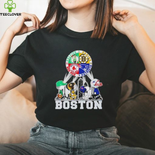 Peanuts characters Bruins Patriots Red Sox Celtics Boston skyline city hoodie, sweater, longsleeve, shirt v-neck, t-shirt