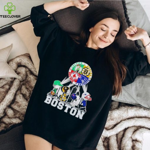 Peanuts characters Bruins Patriots Red Sox Celtics Boston skyline city hoodie, sweater, longsleeve, shirt v-neck, t-shirt