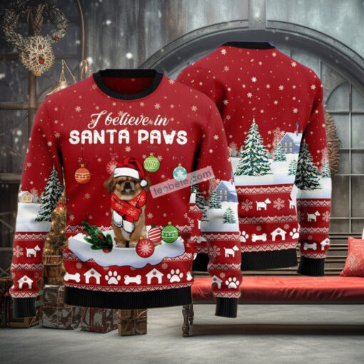 Pekingese I Believe In Santa Paws Red Christmas Vacation Sweater