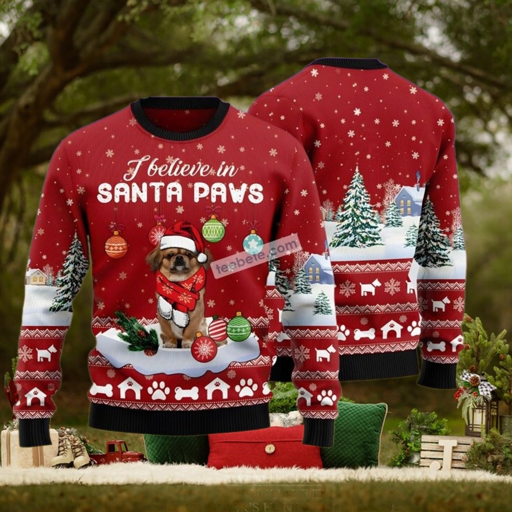 Pekingese I Believe In Santa Paws Red Christmas Vacation Sweater Pekingese I Believe In Santa Paws Red Christmas Vacation Sweater