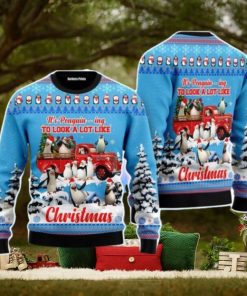 Penguin Riding Red Truck Xmas Merry Christmas Unisex Ugly Sweater