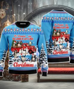 Penguin Riding Red Truck Xmas Merry Christmas Unisex Ugly Sweater